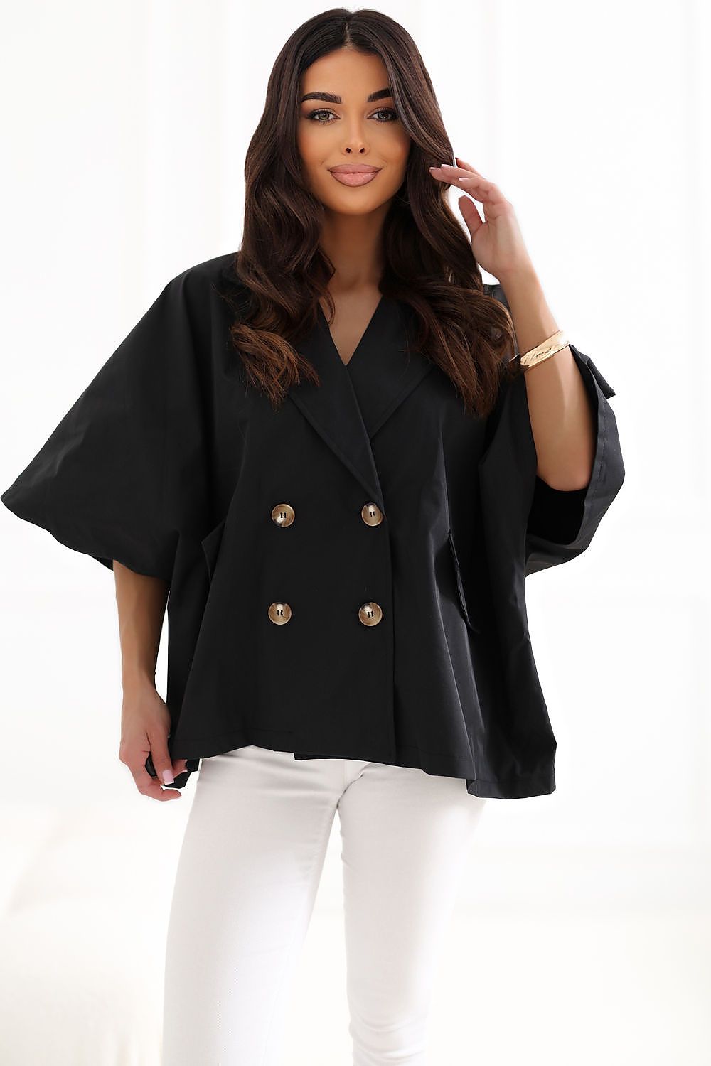 Unlined Short Cape Blazer French Coat with Double-Breasted Gold Button Fastening and Open Sleeve