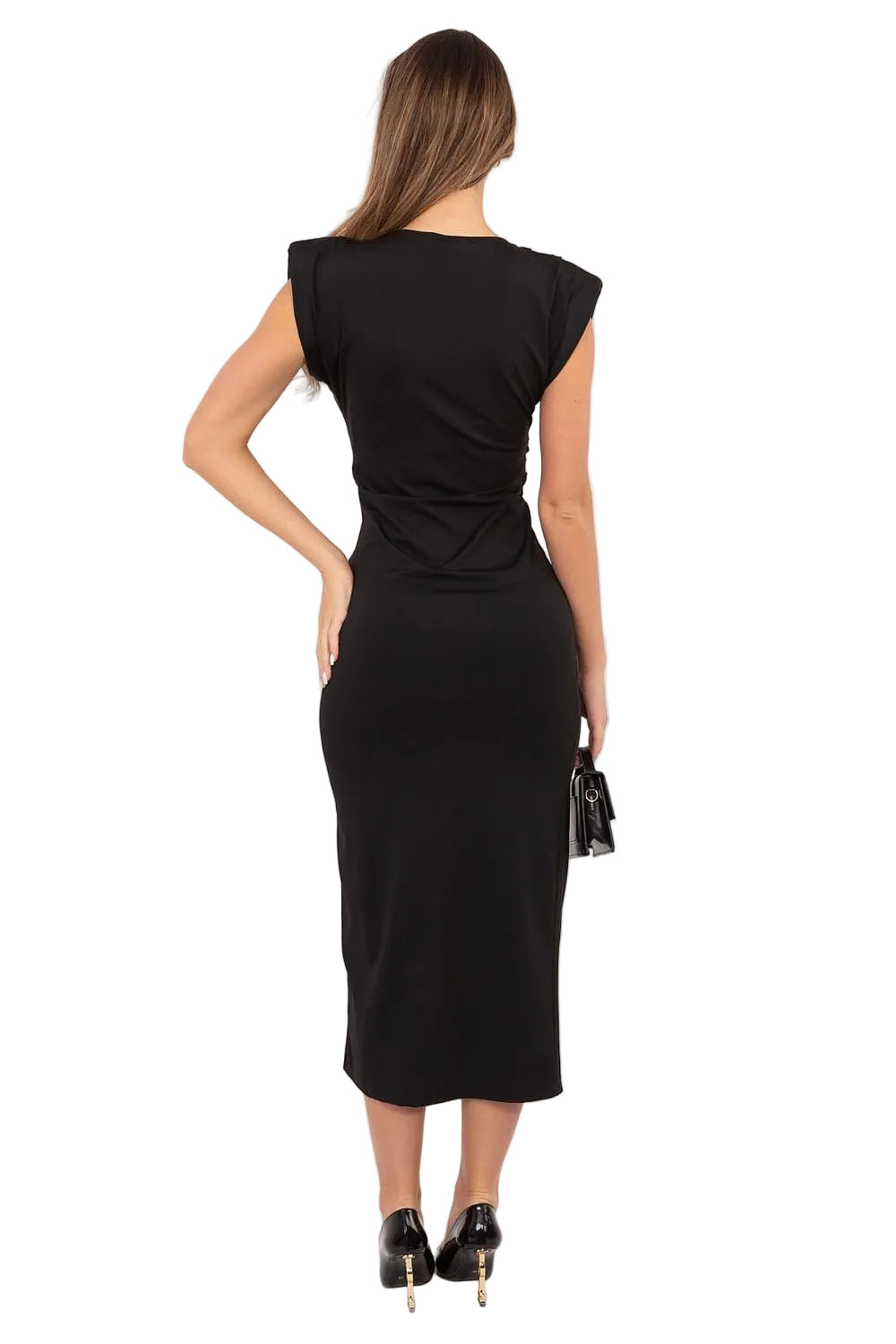 Model in sleeveless midi dress with thigh slit, waist pleat and met