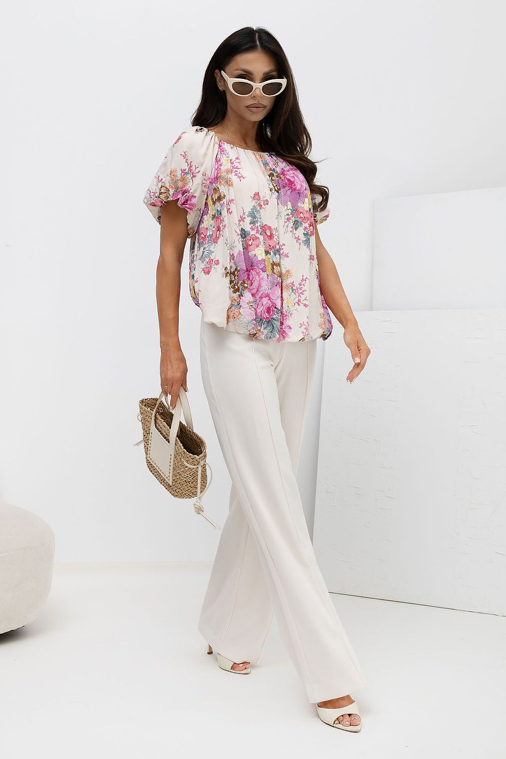 Italian-Made Floral Viscose Blouse with Short Puffy Sleeves and Off-Shoulder Round Neckline
