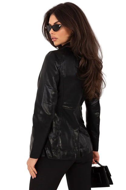 Women's smart casual eco-leather blazer with lapel collar — European sizing S to XXL