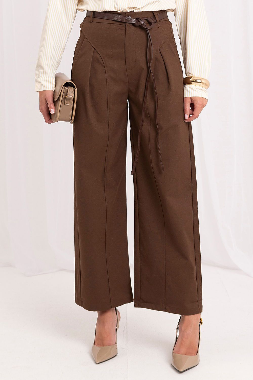 High-Waist Pleated Culottes with Belt in Brown