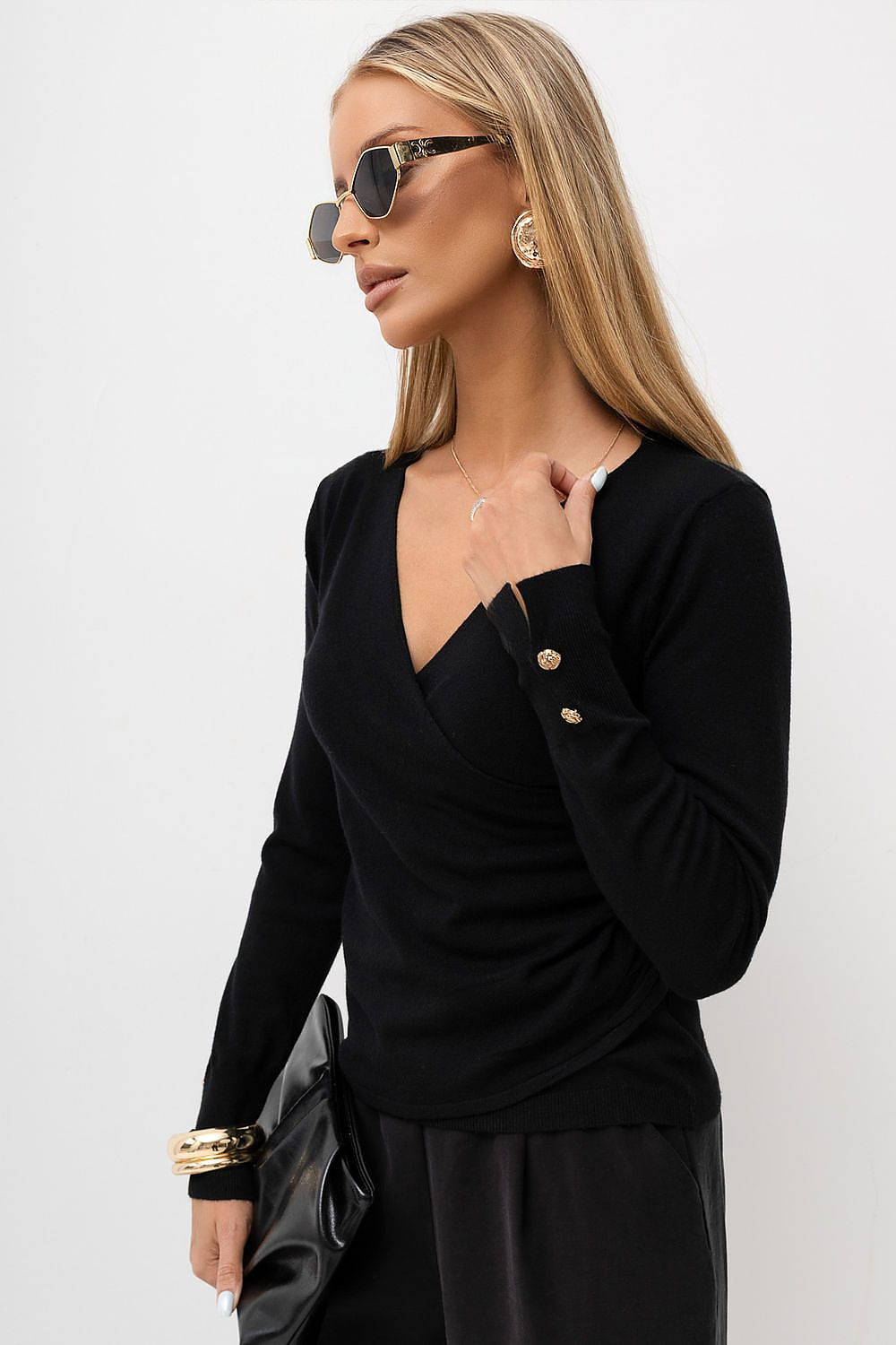 Wrap Neck Sweater with Button Cuffs in Black