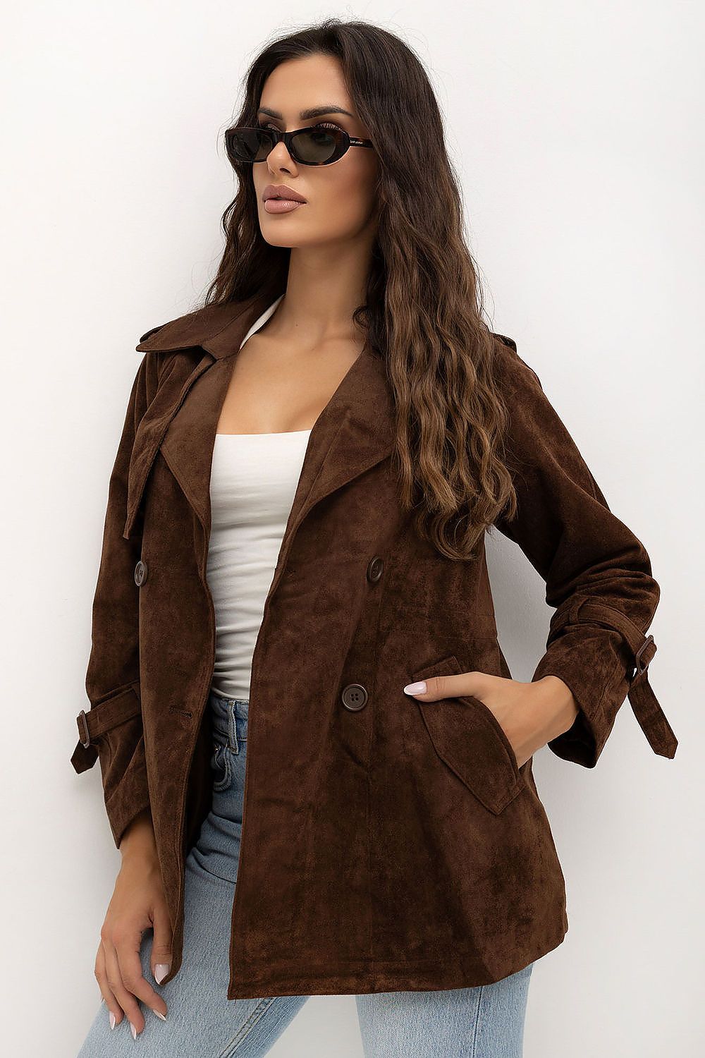 Faux Suede Double-Breasted Short Coat in Brown