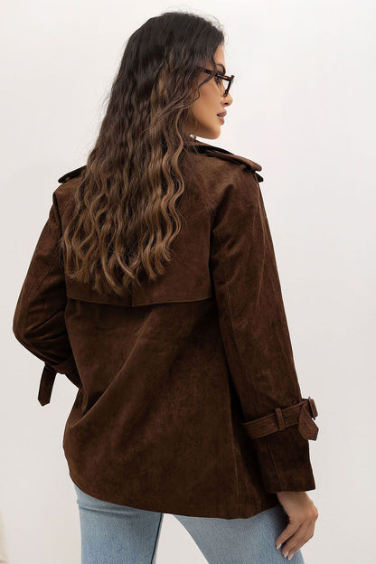 Faux Suede Double-Breasted Short Coat