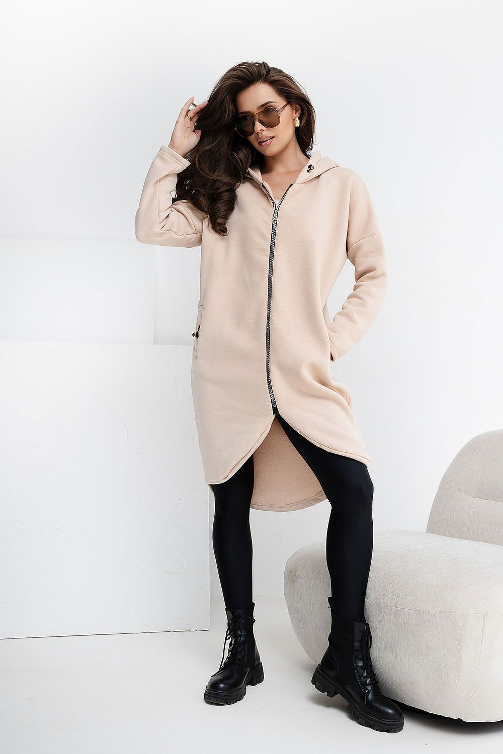 Rue Paris Longline Hooded Sweatshirt in Beige