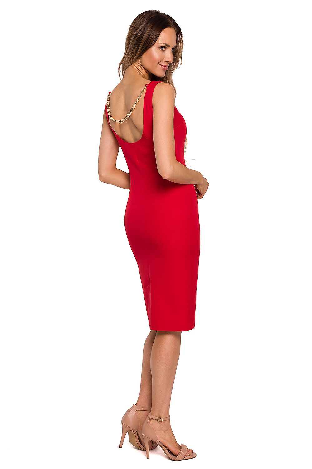 red body-con dress exposing shoulders with decorative chain on back"

