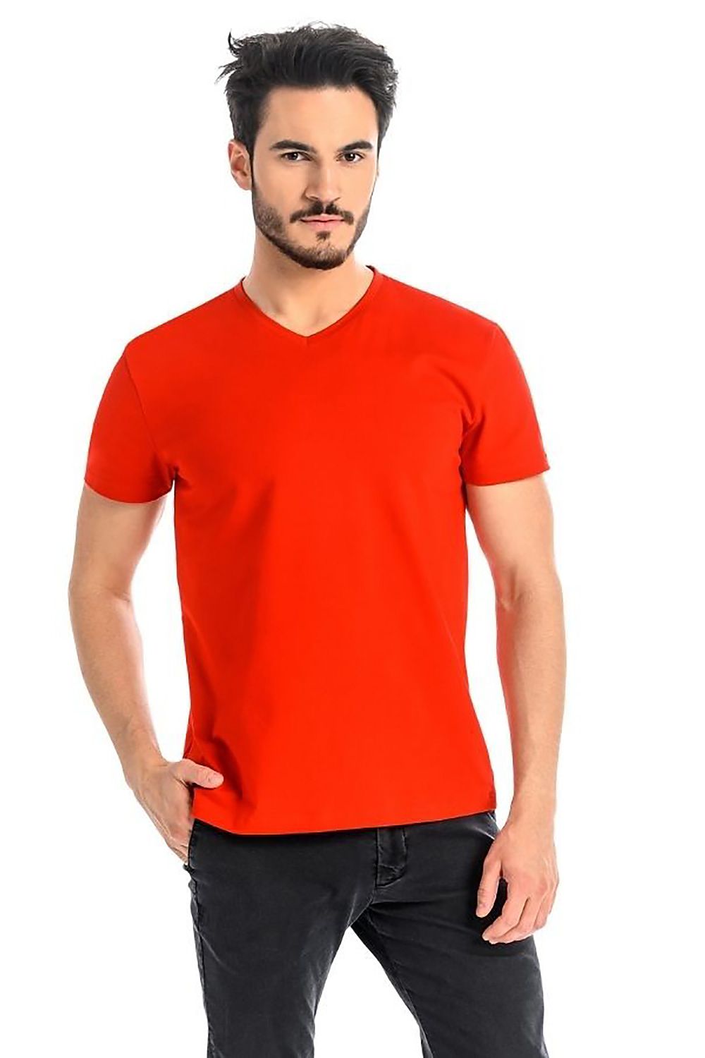 Model wearing premium Teyli cotton red t-shirt - elevated casual style