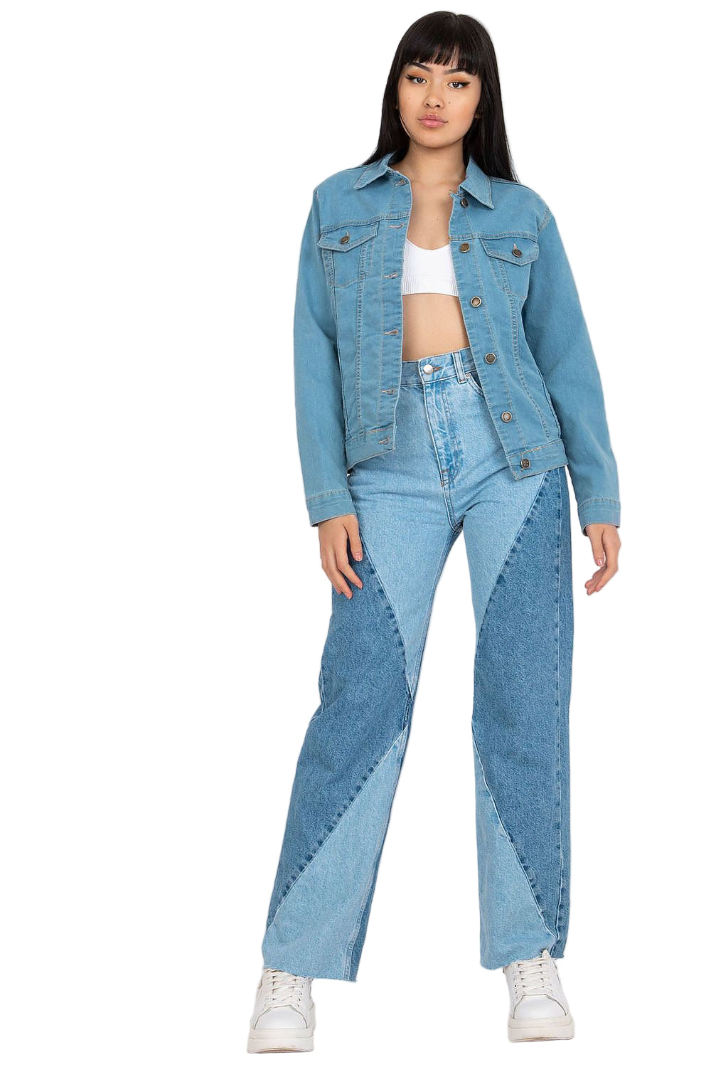 Light blue women’s denim jacket with front buttons and pockets

