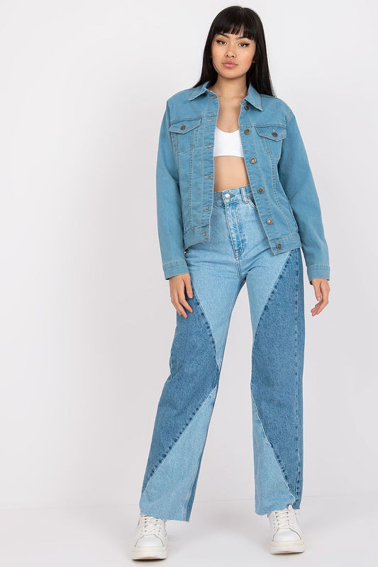 Light blue women’s denim jacket with front buttons and pockets

