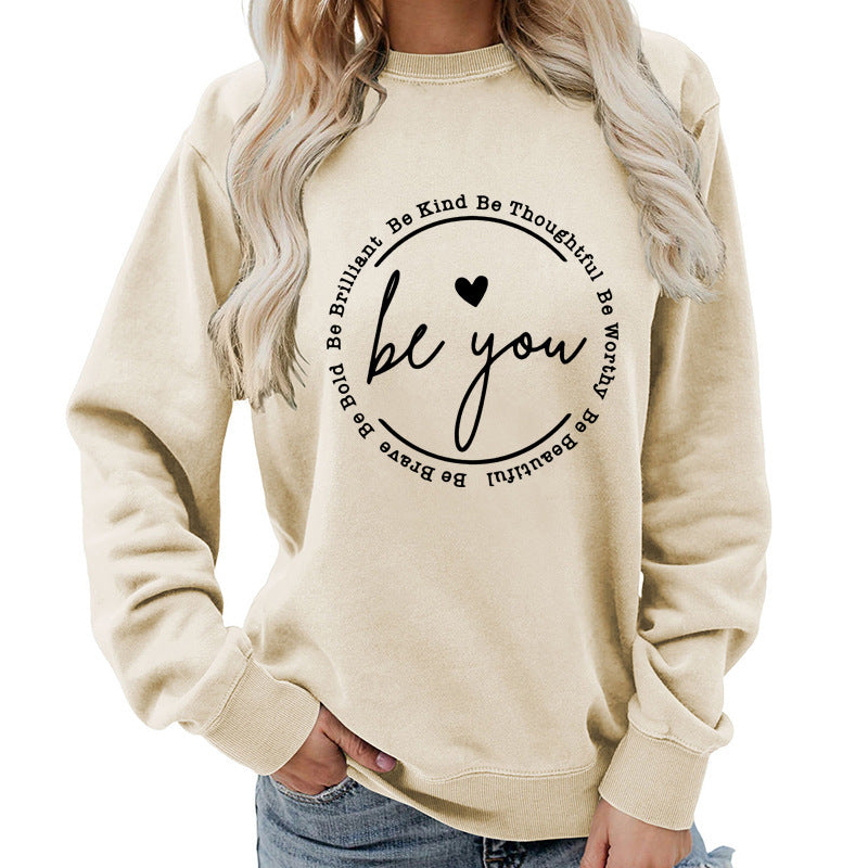 "Be You" Letter Print Crew Neck Sweatshirt in Khaki / Black Print