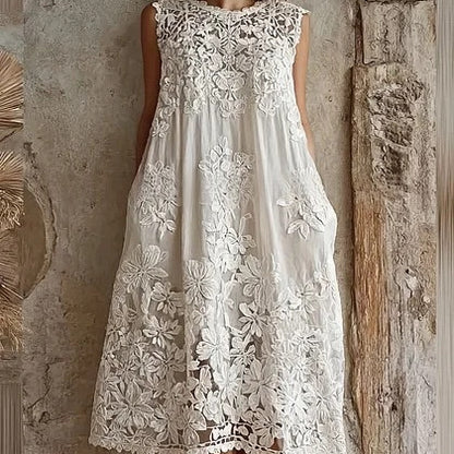 Ivory white floral lace embroidered sleeveless loose fit midi dress – front view, all-over appliqué detail
