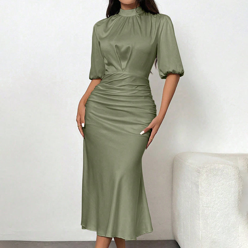 Ruched Satin Mock Neck Midi Dress – view 8
