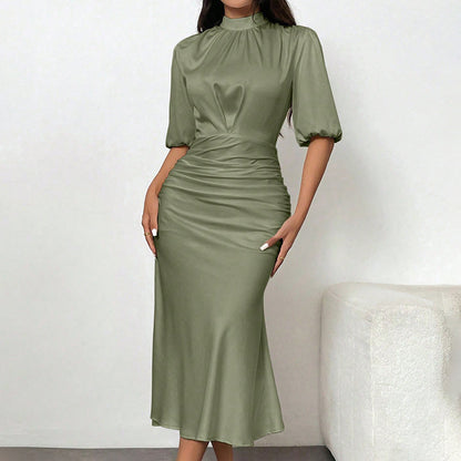 Ruched Satin Mock Neck Midi Dress