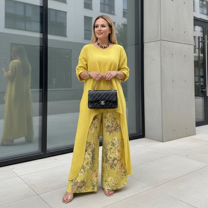 Plus size wide-leg pants set in white cotton linen with relaxed flying sleeve  yellow top
