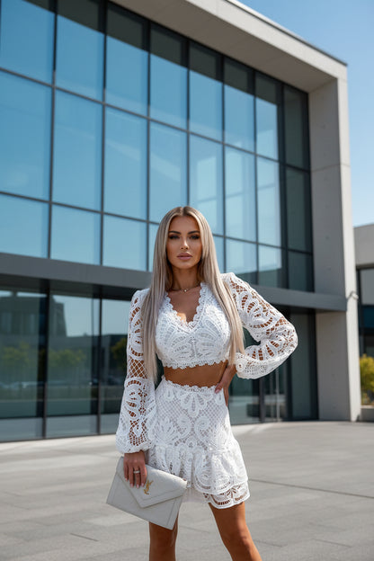 White lace coordinated outfit featuring delicate floral embroidery pattern

