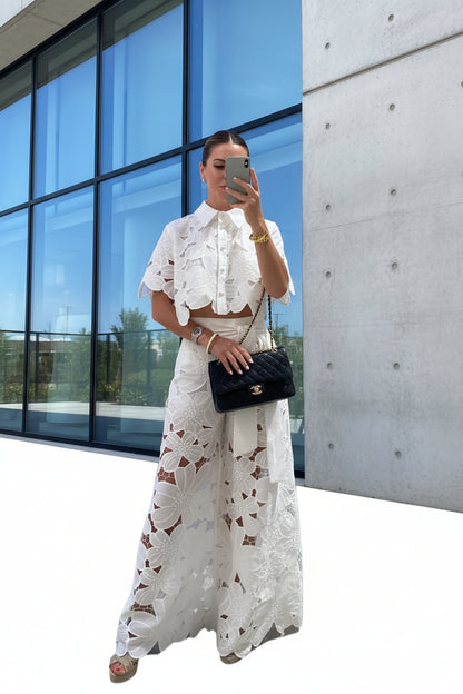 Floral lace crop top and wide-leg pants set