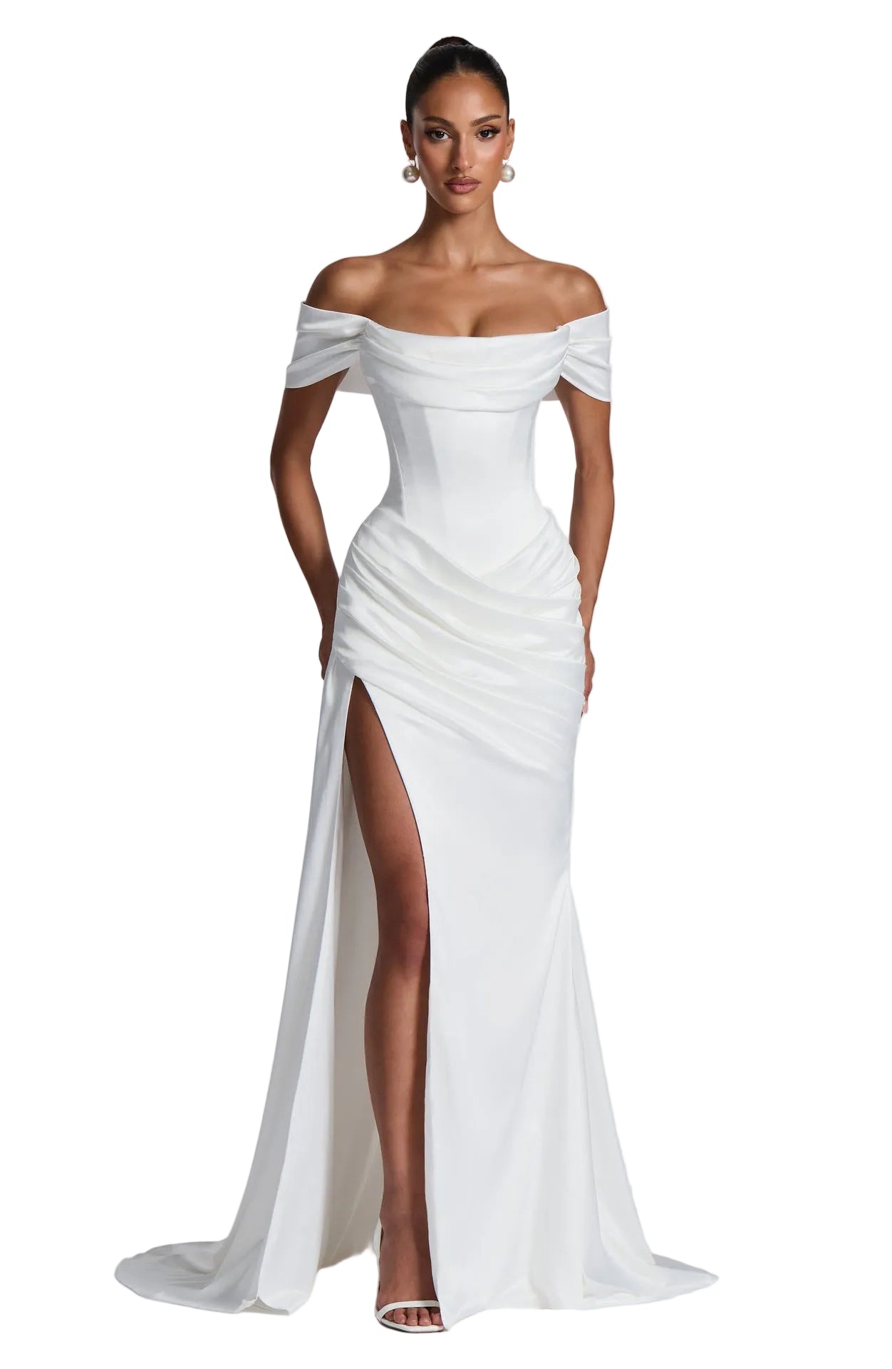 Floor-Length Off-Shoulder white Mermaid Gown with Gathered Satin Bust, Ruched Hip Detail, and Corset Back