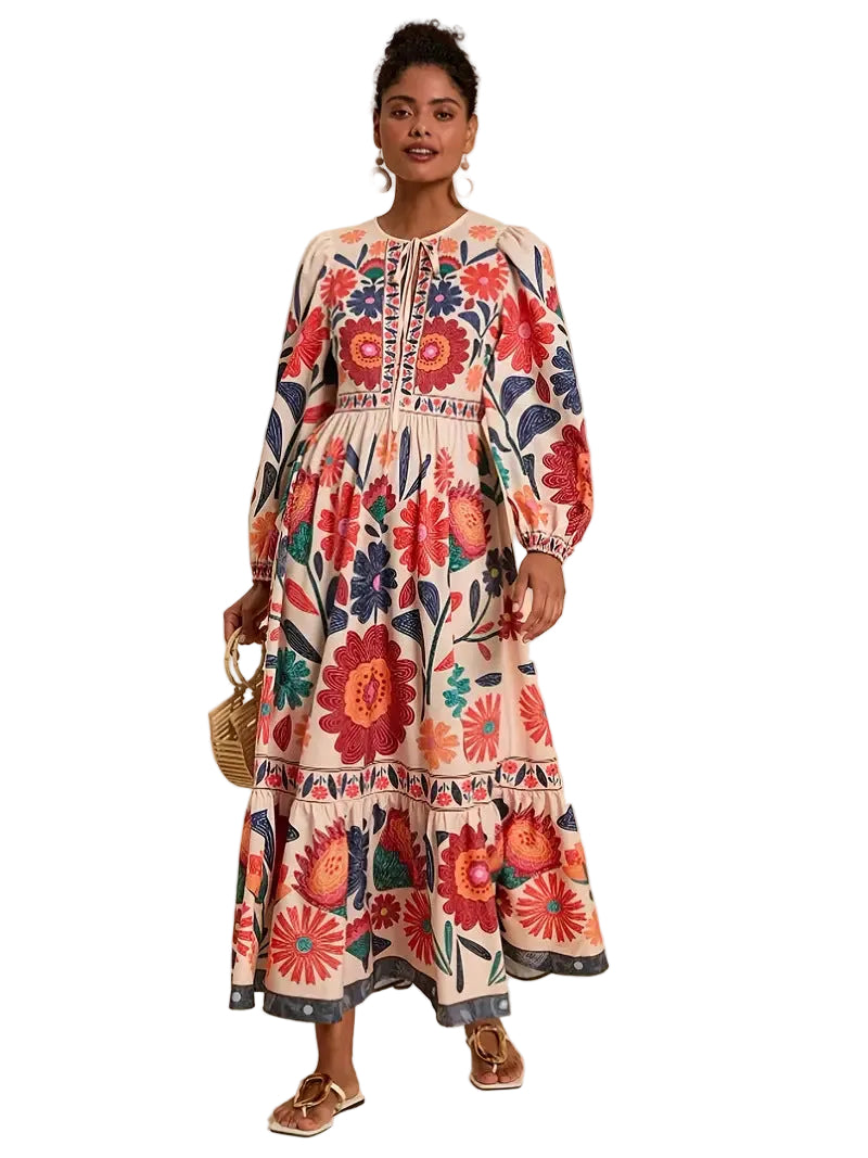 Floral printed maxi dress with puff sleeves and a relaxed flowing silhouette

