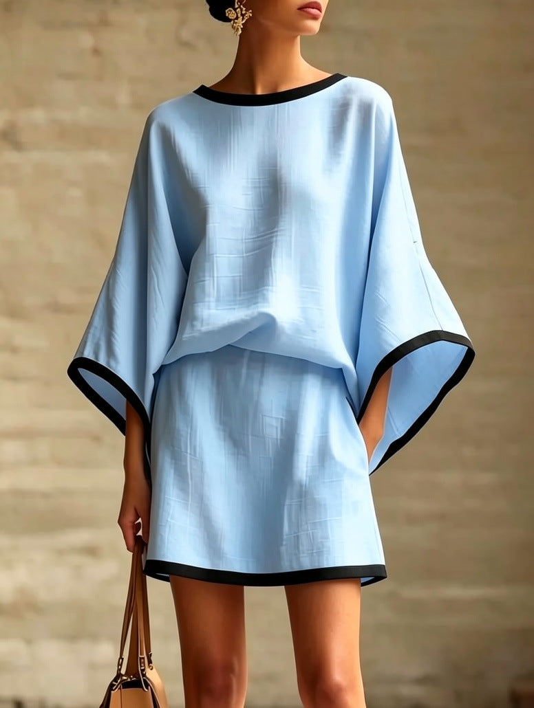 Casual Chic Batwing Sleeve Co-ord Set with Color-Block Paneling and Mini Skirt
