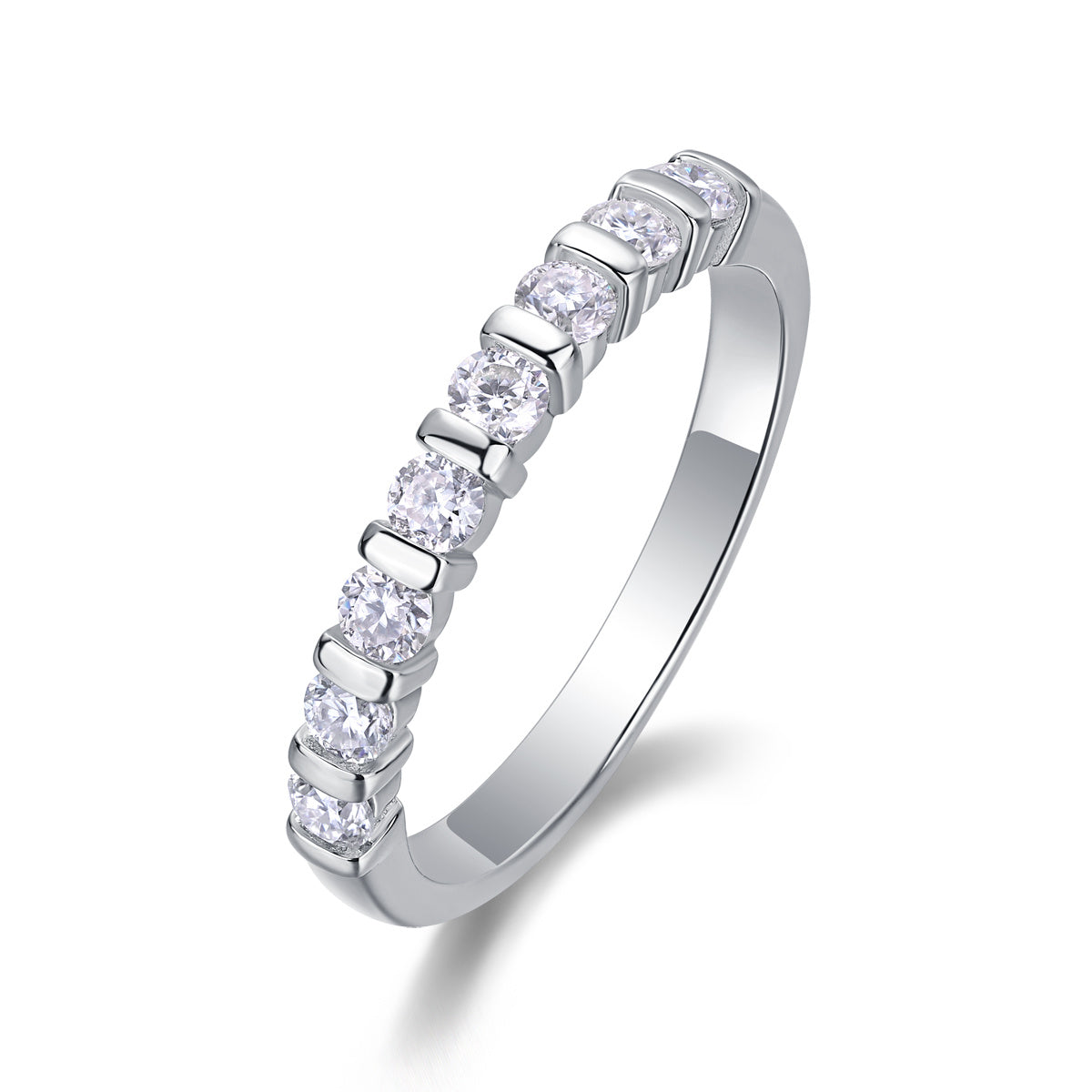 Silver ring with clear moissanite diamonds