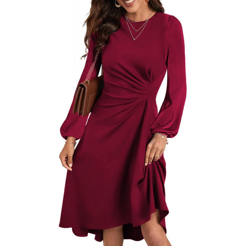 Long Sleeve Ruched Waist A-Line Dress in Wine Red