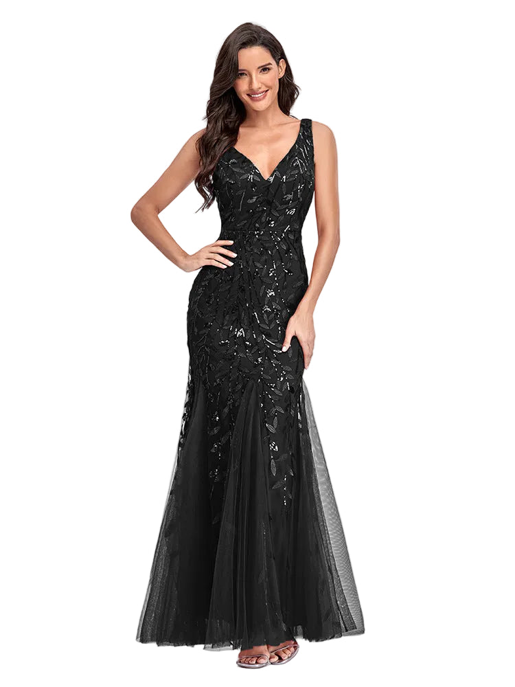 Black sequin embroidered evening dress mermaid silhouette full length
