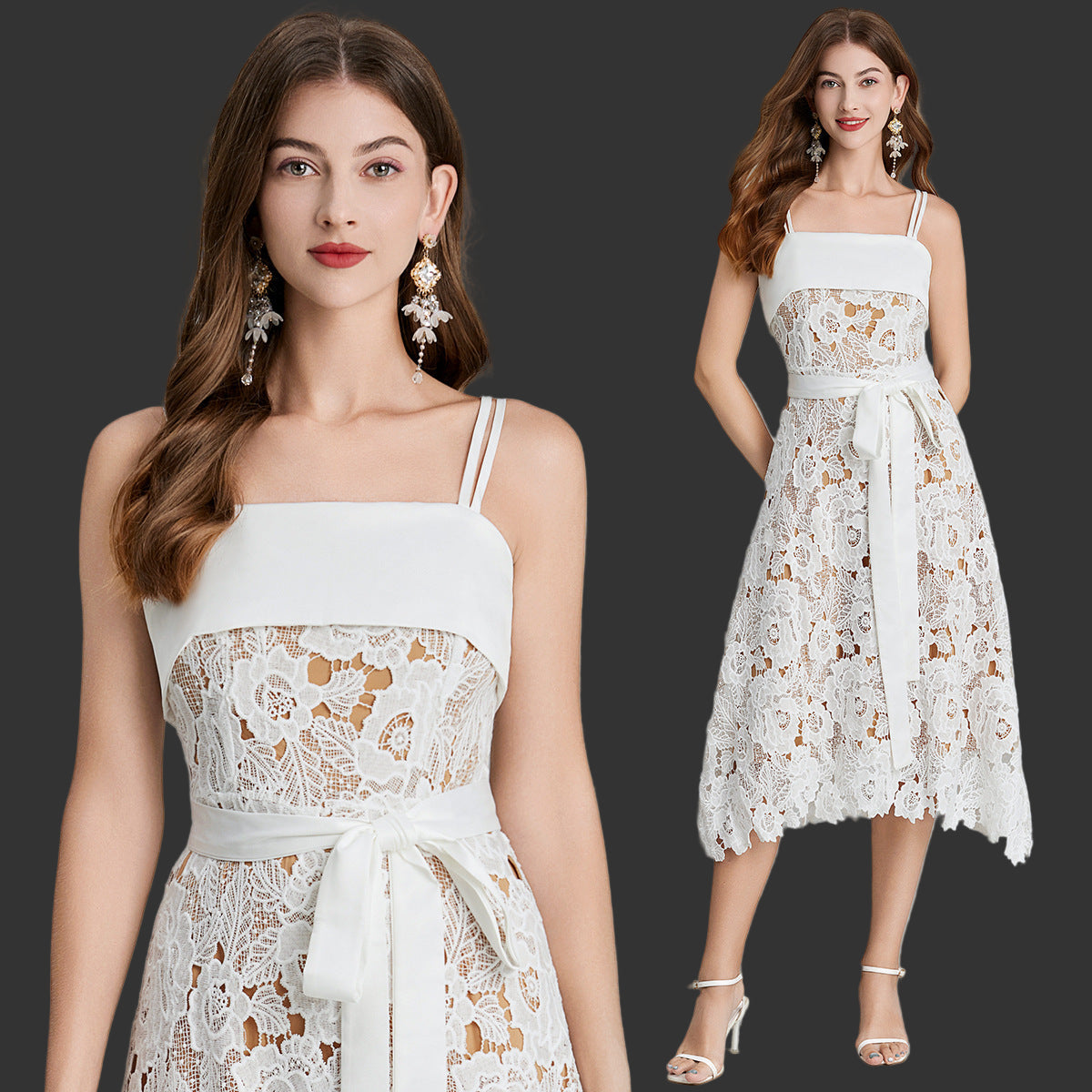 Elegant A-line lace dress featuring intricate embroidery 

