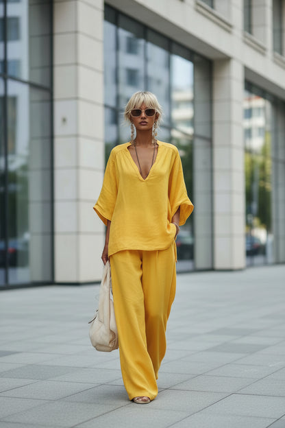 Women's V-neck loose short-sleeve top and casual pants two-piece set in yellow
