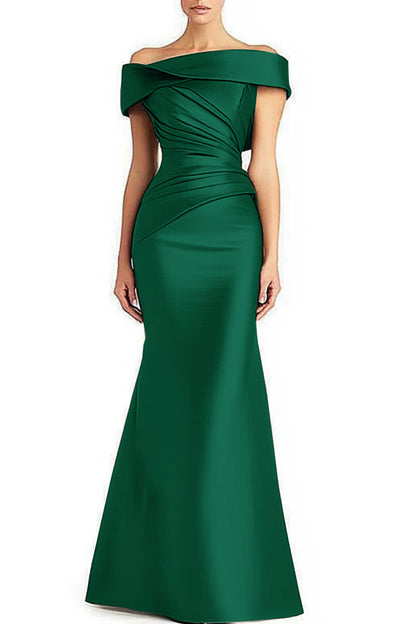 Off-shoulder pleated maxi dress perfect for mother of the bride in satin finish

