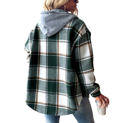 Women's plaid princess sleeve coat in green– close-up of fitted princess sleeve and shoulder seam detail
