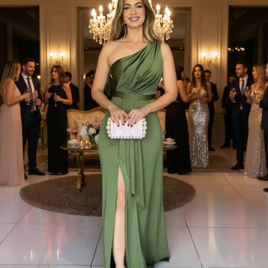 Sage green one-shoulder gown with Grecian draping and open back



