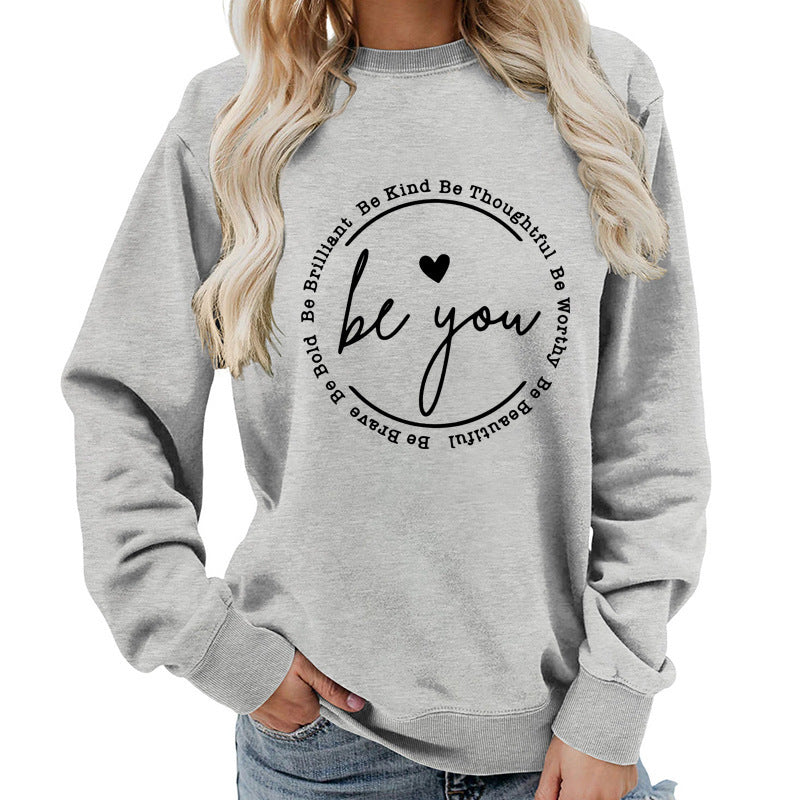 "Be You" Letter Print Crew Neck Sweatshirt in Gray / Black Print