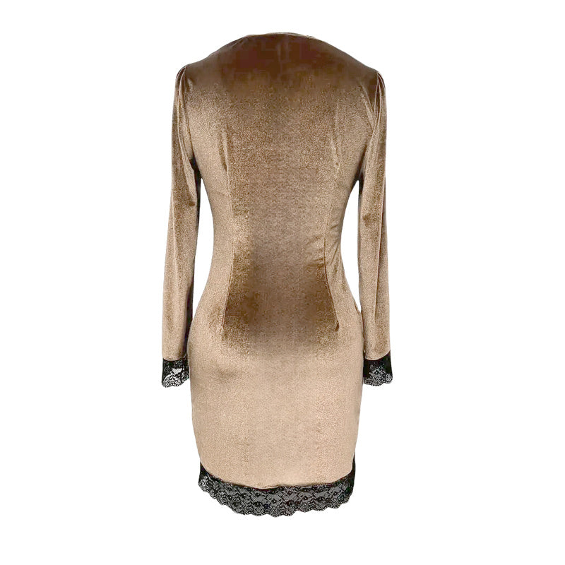 Back of the Beige dress with black lace details 