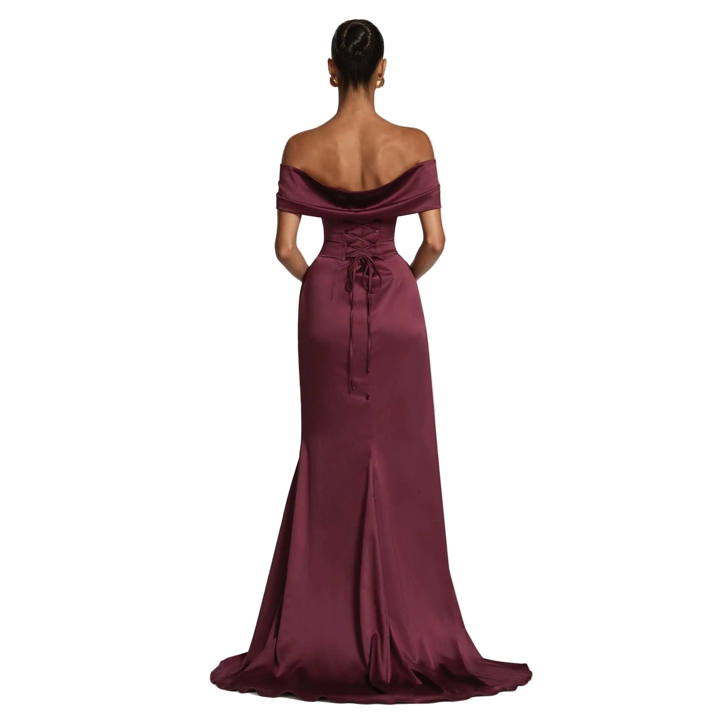 Fitted Off-Shoulder Satin Mermaid Formal Gown with Diagonal Ruched Skirt, Corset Back, and High Slit
