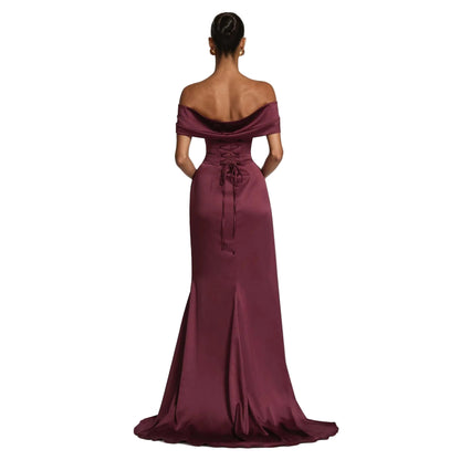 Fitted Off-Shoulder Satin Mermaid Formal Gown with Diagonal Ruched Skirt, Corset Back, and High Slit
