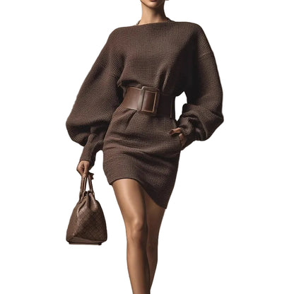 Woman wearing a brown knit dress with a belt, holding a matching handbag 