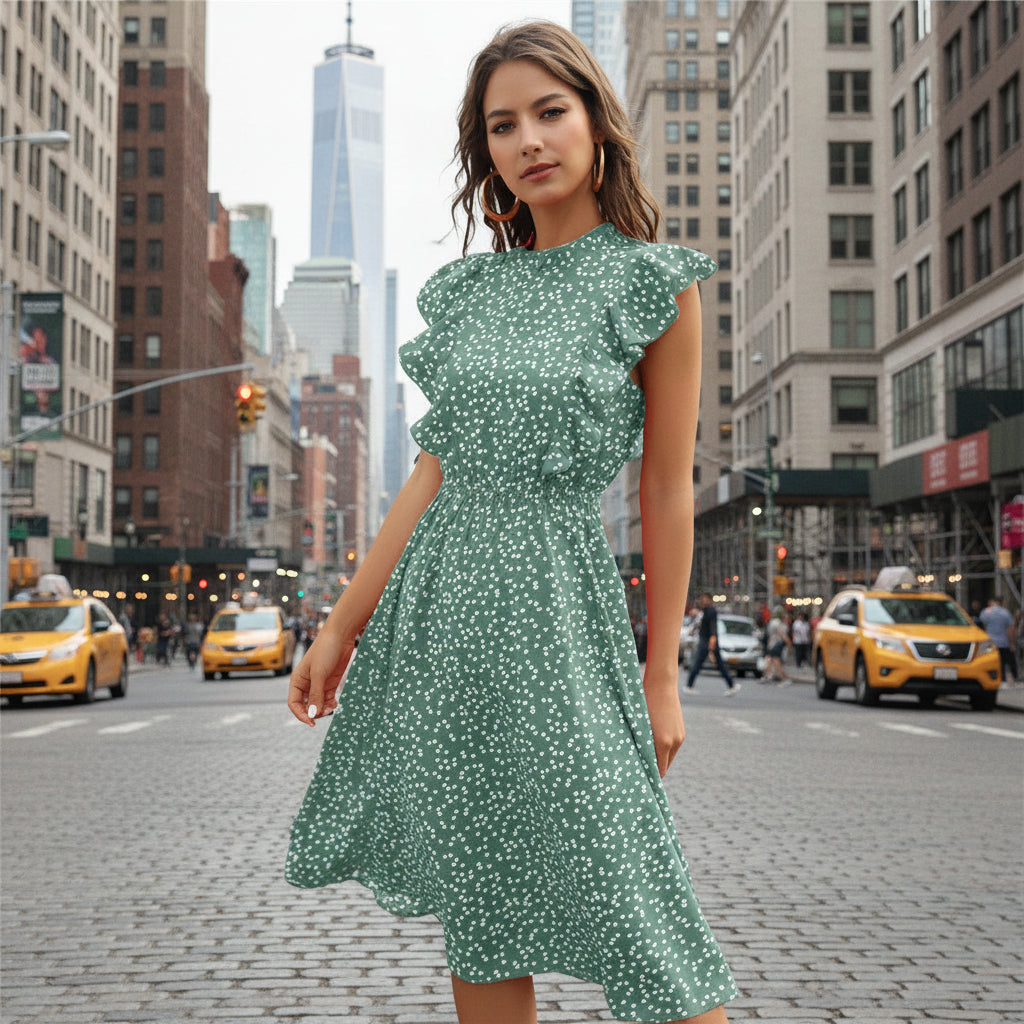 

Women's A-line ruffle midi dress floral polka dot summer chiffon

