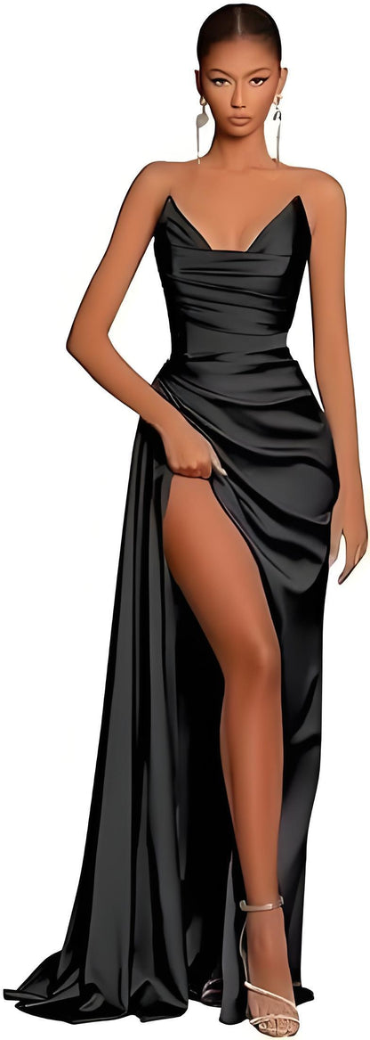 Black evening gown with a high slit 