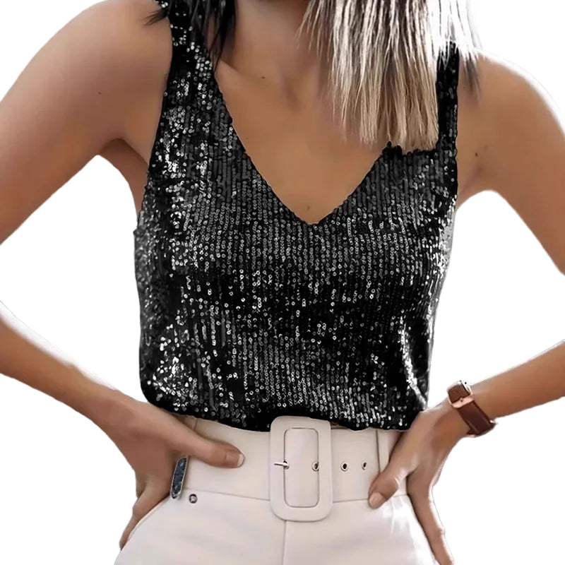 Elegant black sequin top and white pants 