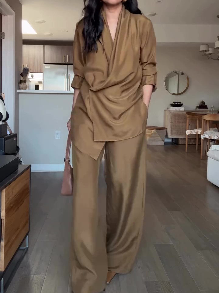Satin Wrap Blouse & Wide-Leg Pants Set – view 4