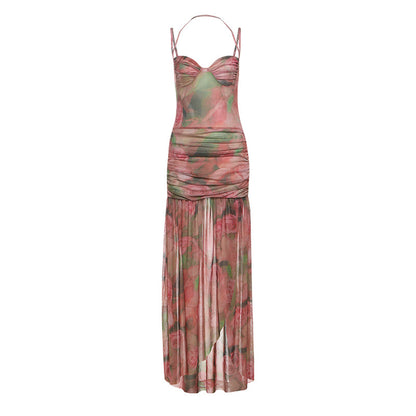 Floral print celebrity style A-line dress in pink – full length front view, evening occasion dress
