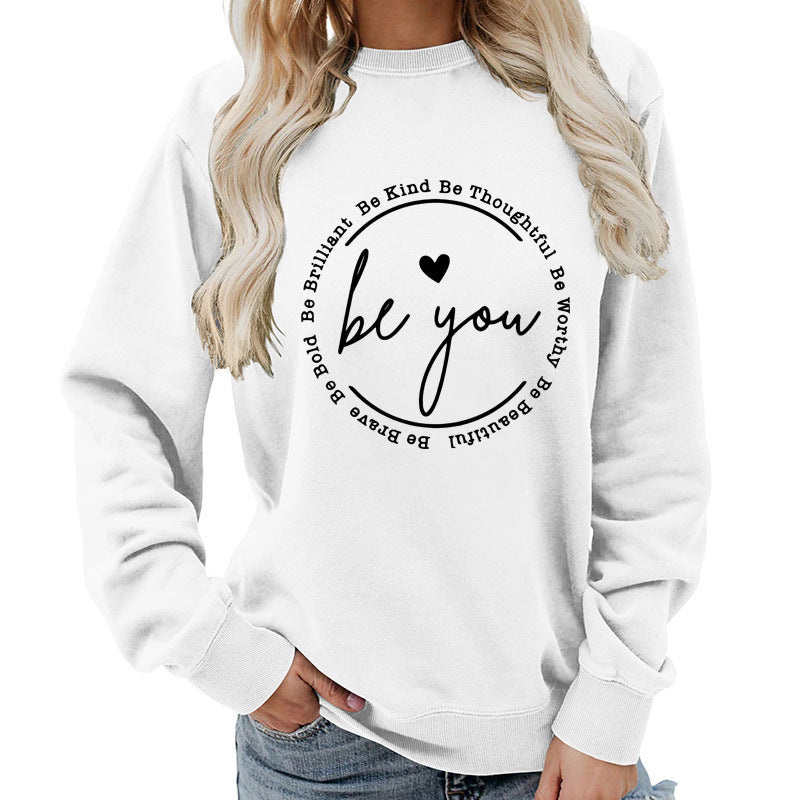 "Be You" Letter Print Crew Neck Sweatshirt in White / Black Print