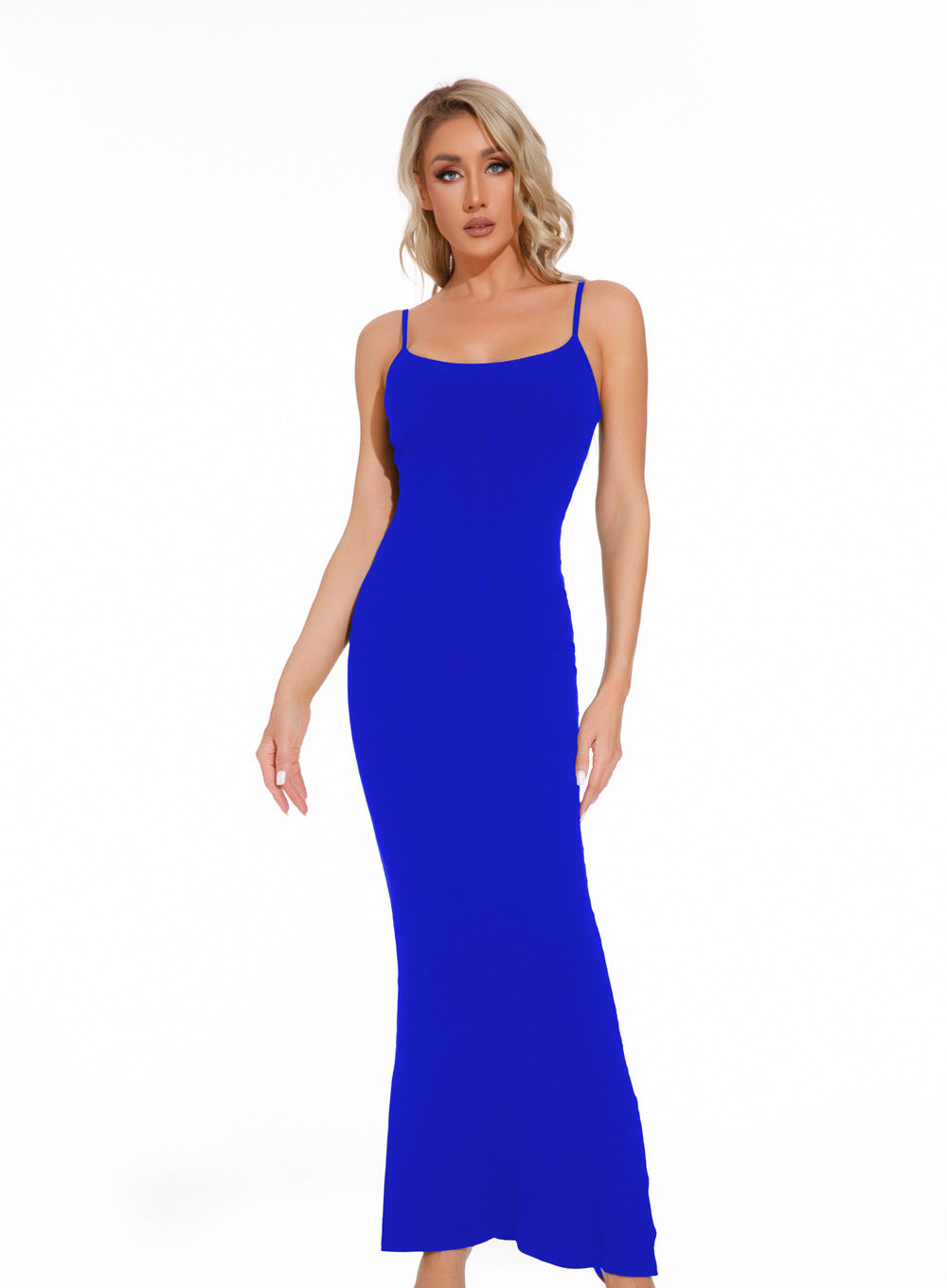 Blue sculpting shapewear dress side profile - compression panel tummy control bodysuit 