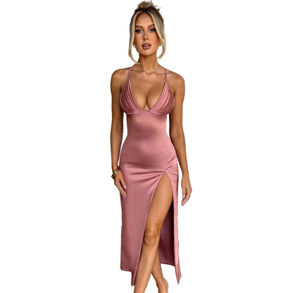 Backless spaghetti strap split bodycon dress in pink – front view 
