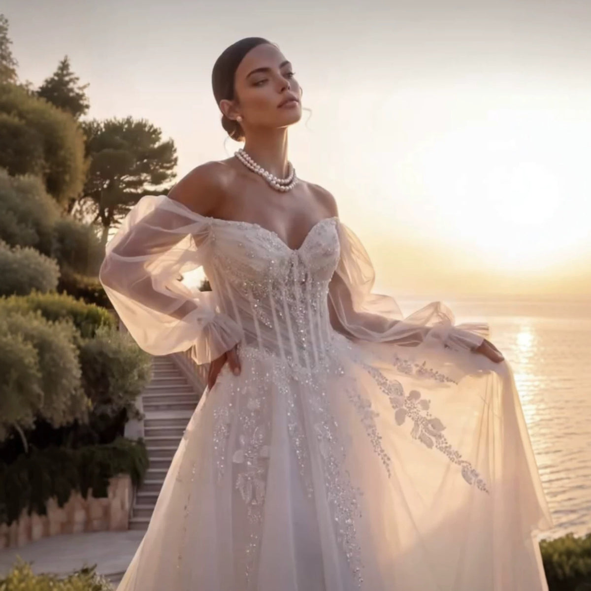 Ivory Lace Ball Gown with Sheer Bishop Sleeves – view 5