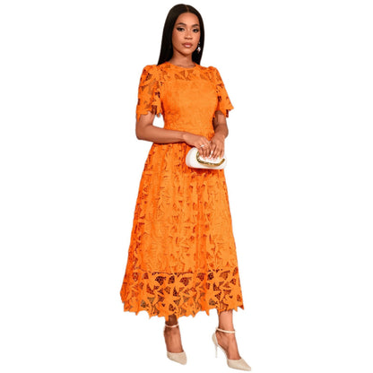 orange lace puff sleeve midi dress women
