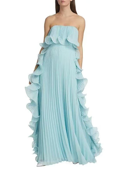 Strapless pleated ruffle chest wrap maxi dress  – close-up of ruffled chest wrap and vertical pleating texture
