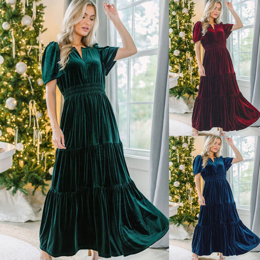 Velvet Tiered Maxi Dress with Pockets