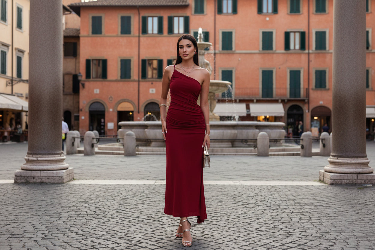 red one shoulder midi dress - bodycon ruched dress for cocktail party and club wear

