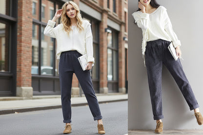 Women's corduroy loose casual pants in autumn winter style, front view

